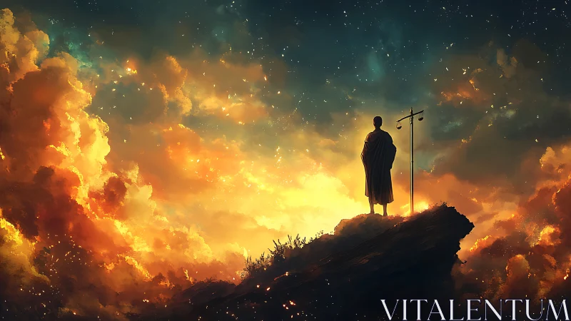 Lone seeker crowned in starfire above a dreaming horizon.