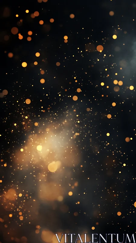 Golden bokeh particles drift across a deep cinematic black field
