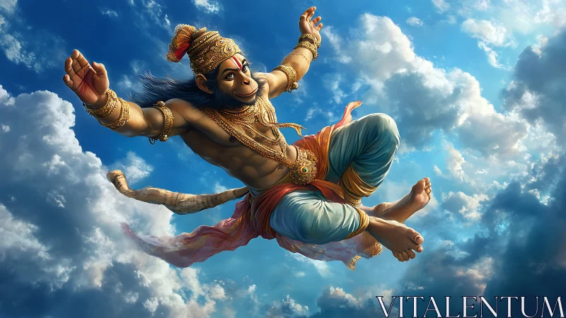 Hanuman soars through radiant clouds in vivid detail.