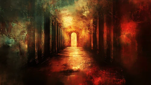 Luminous corridor receding to arched portal with volumetric glow