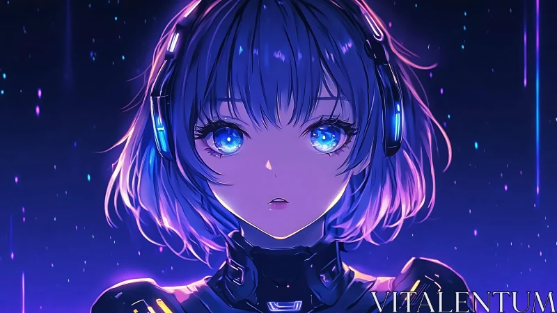 Neon starlit android girl with curious galaxy-blue eyes.