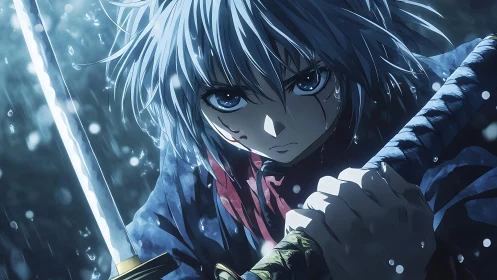 Anime swordsman grips katana under rainfall in close view