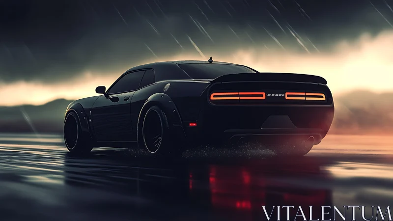 Cinematic rear-angle muscle car render in storm-lit wetscape.
