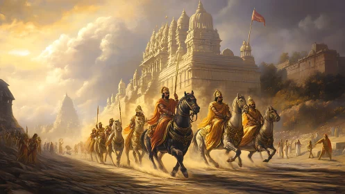 Digital painting of royal cavalry before monumental temple complex.