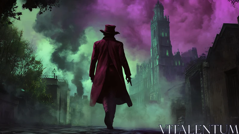 Crimson-coated wanderer in neon fog before gothic citadel.