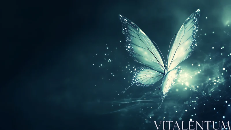 Luminous digital butterfly with glowing particle trail.