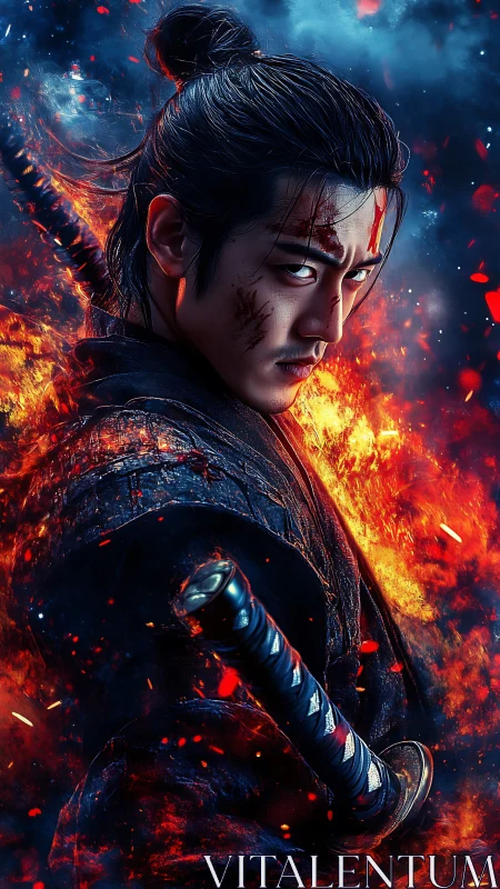 Blazing samurai carves silence through storms of burning embers