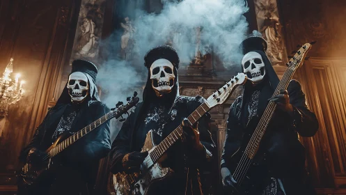 Skeletal rock trio performs in baroque hall filled with smoke