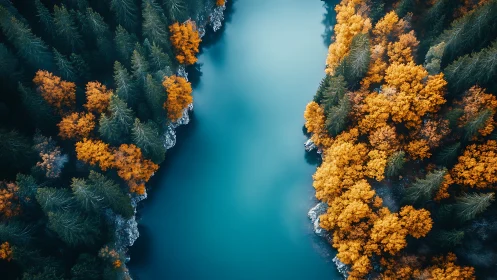 Serene teal river divides misty autumn forest in vivid contrast