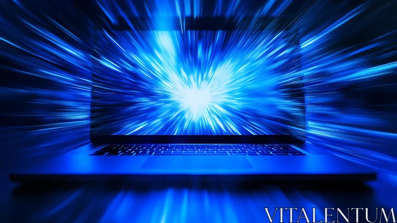 Laptop screen emits radial blue data burst in motion blur