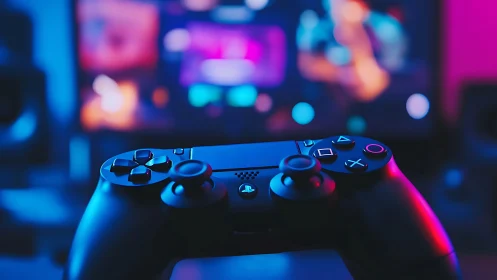 Neon-lit game controller framed by blurred gaming screen.