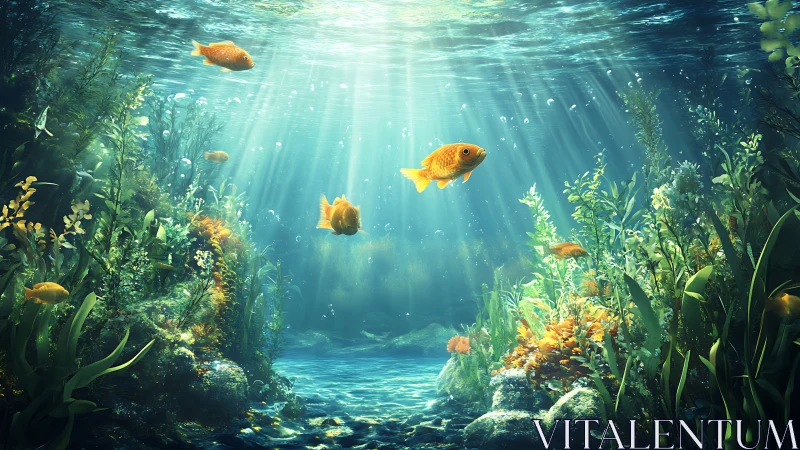 Sunlit goldfish drift through a secret underwater garden.
