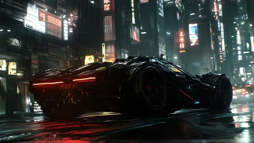 Futuristic hypercar idles in neon‑lit cyberpunk rainway