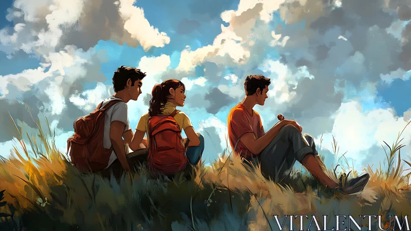 Three Youth Overlooking Expansive Landscape Under Cloud-Filled Sky.