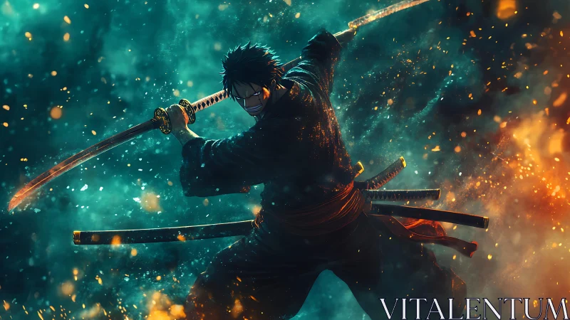 Storm-lit swordsman carves fire and embers from the night.