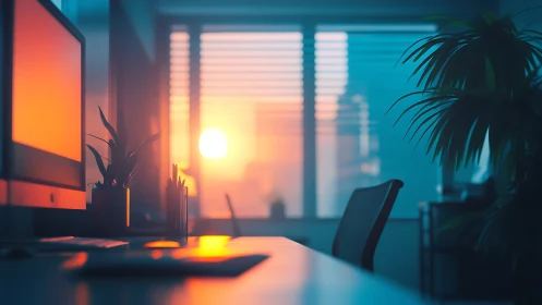 Sunlit modern office desk with computer and plants.