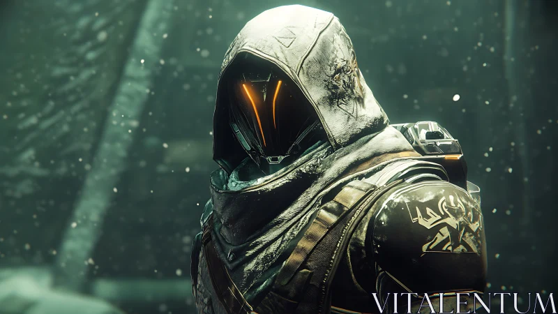 Hooded cybernetic hunter stands in snowlit atmospheric void