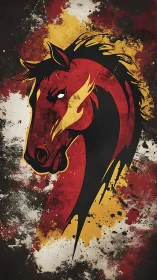 Fierce red horse head surges through splattered grunge field.