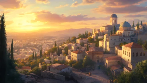 Sunlit hillside city with domed churches at golden hour.