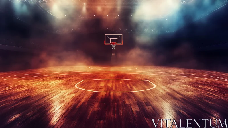 Dramatically lit basketball court waits in smoky arena glow.