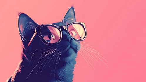 Cool blue cat in oversized glasses on pink background.