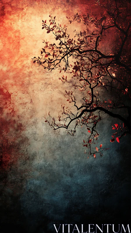 Crimson foliage silhouette against textured dusk gradient.