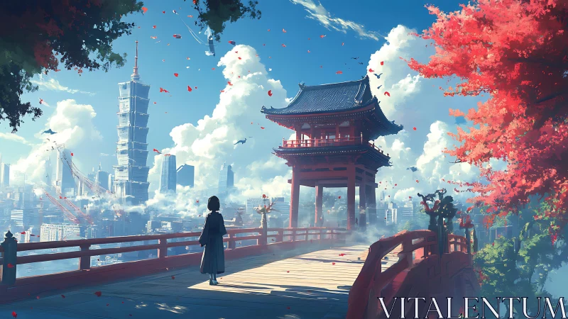 Solitary figure facing red pavilion above modern cityscape.