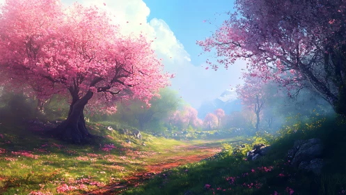 Blossoming cherry grove frames a tranquil spring valley path.