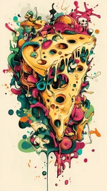 Surreal dripping pizza slice in neon fluid abstract composition.