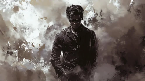 Solitary figure in leather coat stands within stormy mist