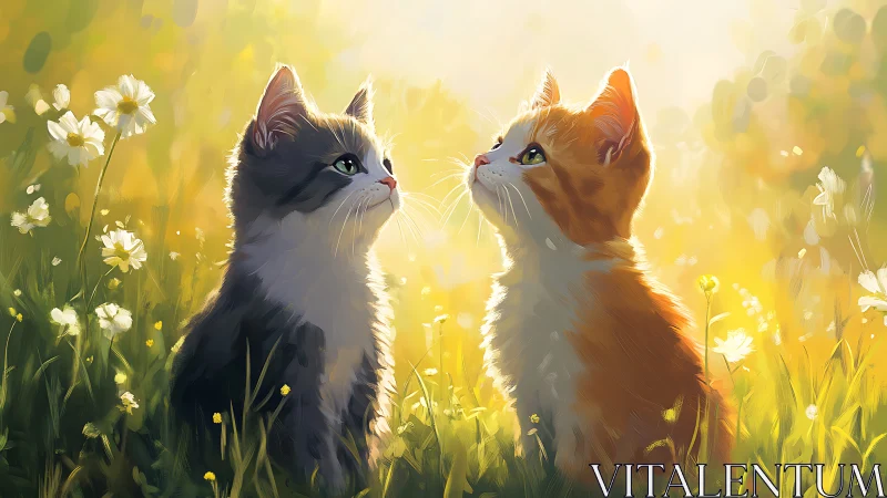 Two Cats Positioned in Flowering Meadow with Yellow Lighting