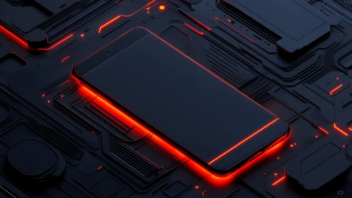 Smartphone on circuit-like surface with red edge lighting.