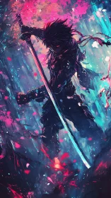 Shadow samurai cuts neon storm with glowing katana.