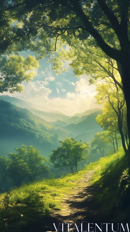 Verdant Valley Trail Where Sunlight Filters Through Ancient Trees