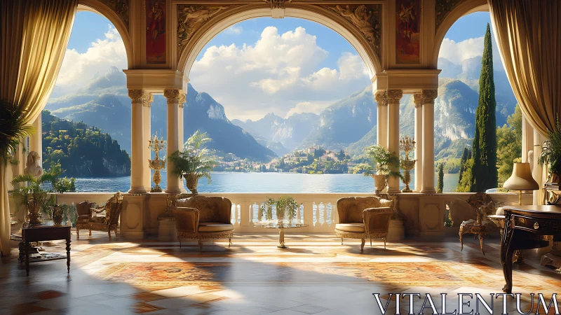 Neoclassical lakeside loggia framing alpine panorama in light.