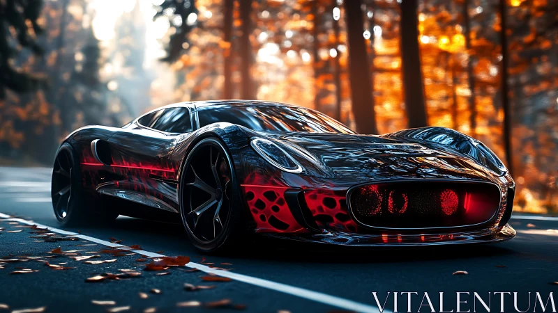 Futuristic black supercar on forest road in autumn light.