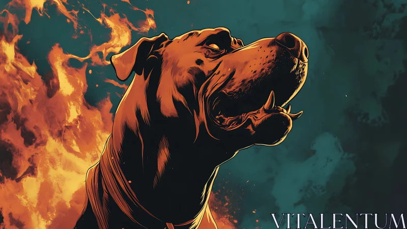 Heroic canine portrait rendered in dramatic firelit contrast