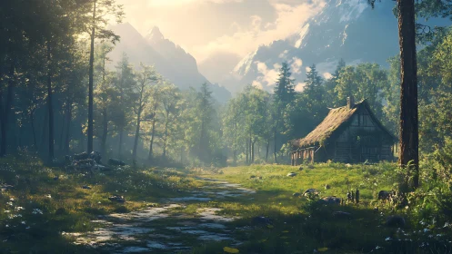 Alpine Valley with Timber Structure and Mountain Backdrop