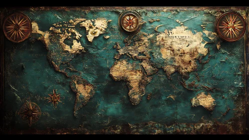 Vintage world map glows with teal seas and aged parchment lands