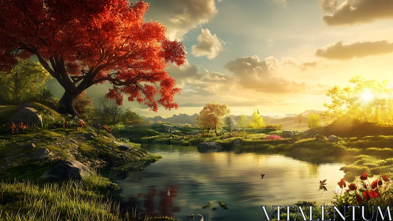 Sunlit lakeside landscape with red tree and calm water.