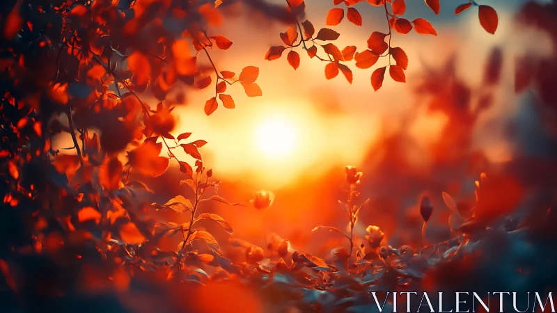 Backlit foliage silhouettes framing low warm sunset disk.