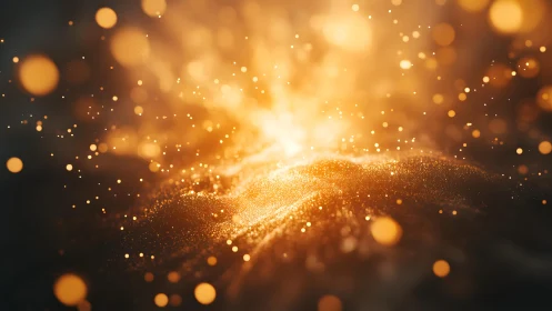 Golden Light Particles Abstract Background in Soft Focus Style.