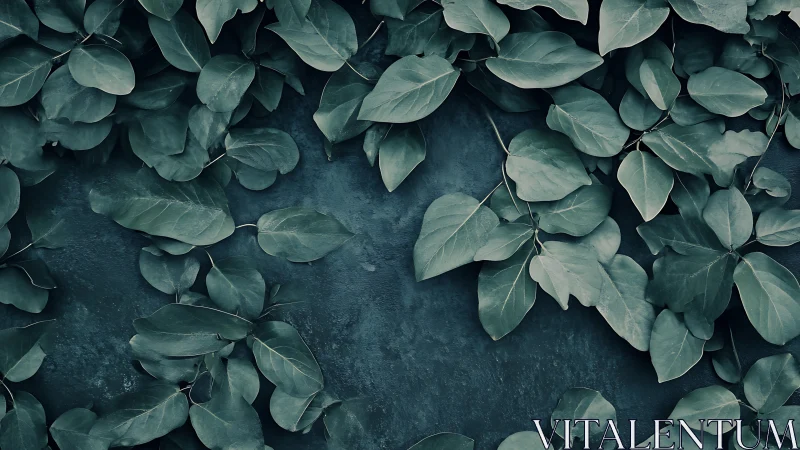 Matte teal foliage leaves over textured dark concrete wall