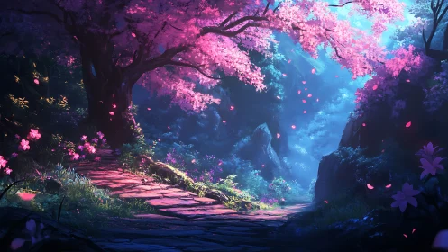 Enchanted cherry blossom path curves through glowing forest