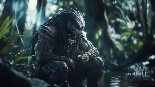 Bioluminescent jungle hunter resting beside reflective stream