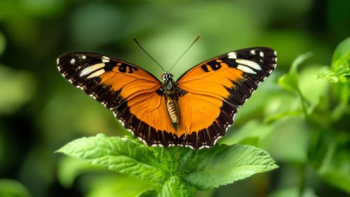Macro study of monarch butterfly wings on verdant foliage.