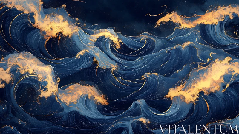 Fiery golden crests overlay stylized deep blue ocean waves