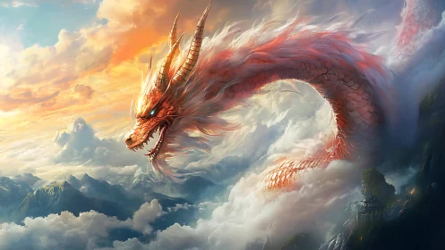 Fiery sky dragon coils through glowing mountain clouds.