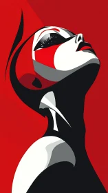 Stylized female portrait uses bold red, black, and white shapes