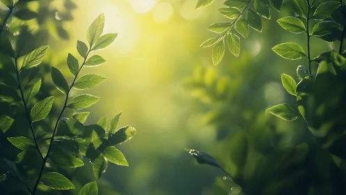 Sunlit green leaves in morning forest, soft focus nature photography.